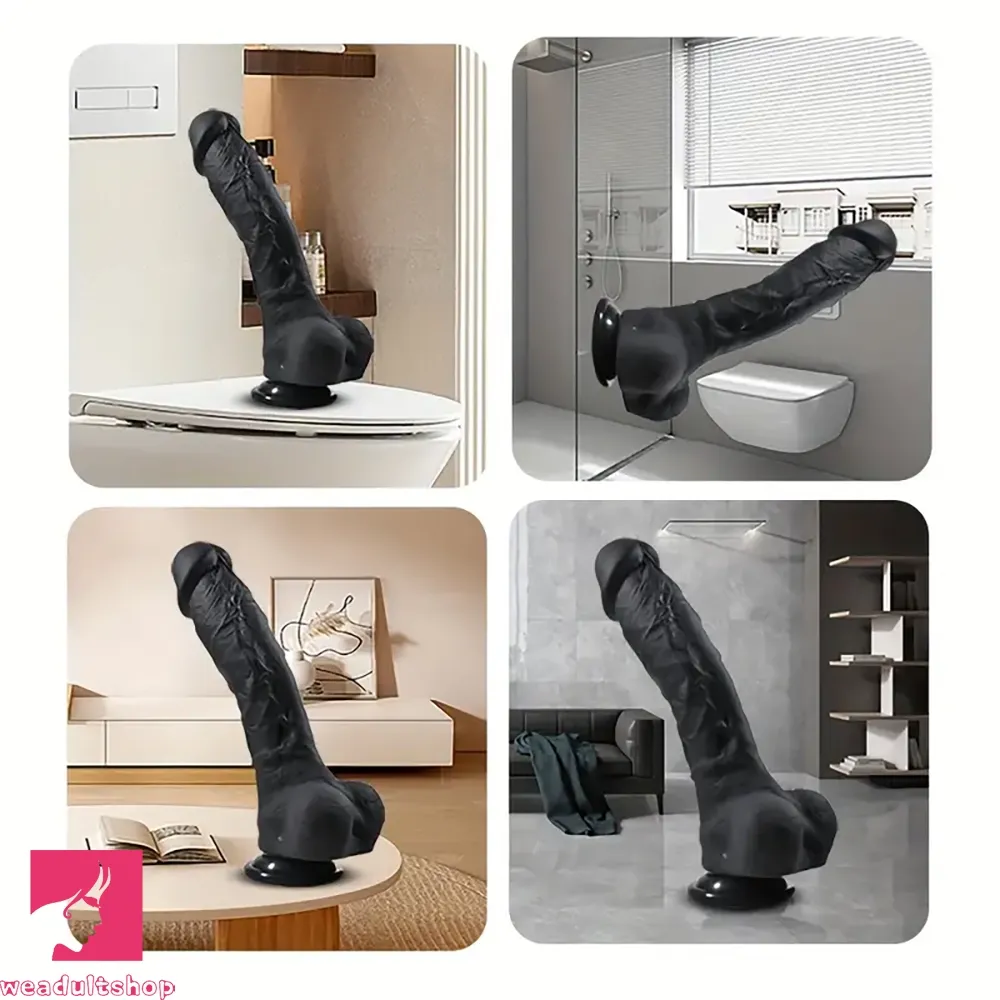 9.4in Realistic Texture Solid Black Silicone Soft Big Dildo For Vagina