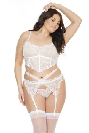 Coquette White Lace Bra. G-String. and Garter Belt Plus Size Set