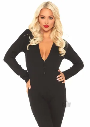 Cozy Brushed Rib Long Johns With Cheeky Snap Closure Back Flap. Black Sml/med