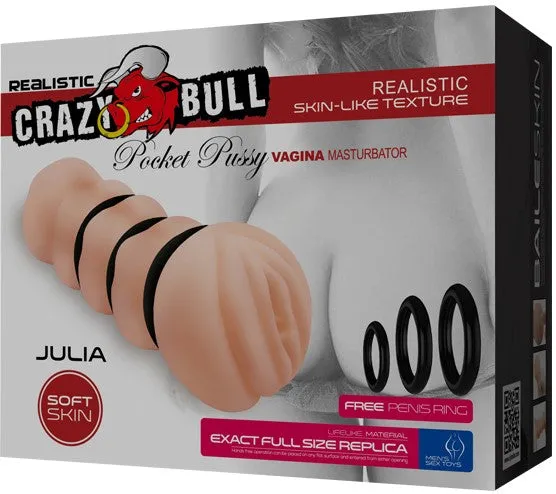 Crazy Bull Julia Realistic 3D Vagina Male Masturbator & 3 Tightness Rings Stroker