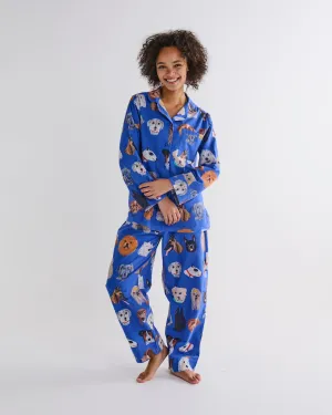 Dog Park Blue Flannelette Adult Long Sleeve Shirt & Pant Pyjama Set