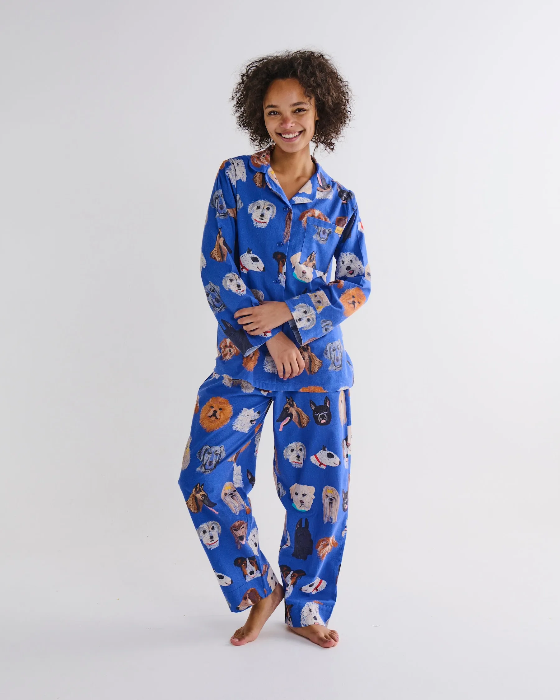 Dog Park Blue Flannelette Adult Long Sleeve Shirt & Pant Pyjama Set