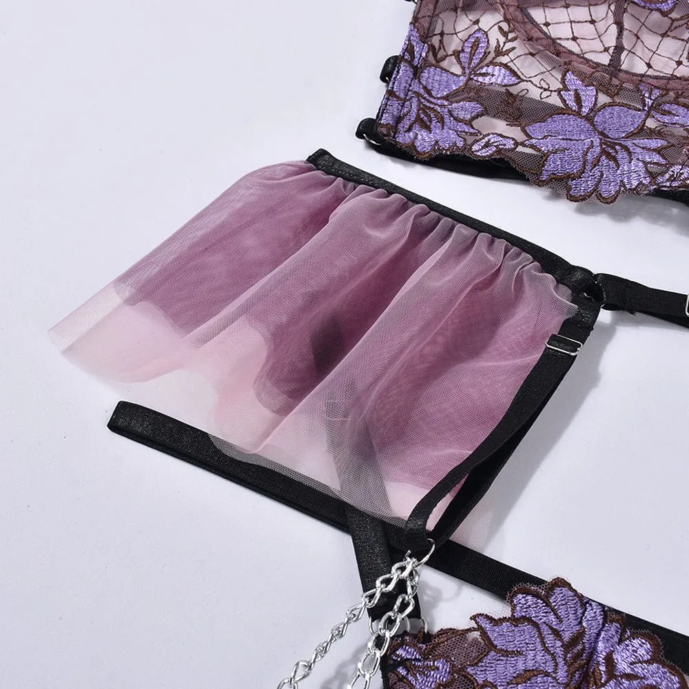 Love Me Collision Color Mesh Embroidery Bra Interwoven Three-piece Set