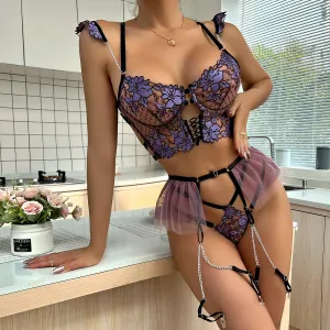 Love Me Collision Color Mesh Embroidery Bra Interwoven Three-piece Set