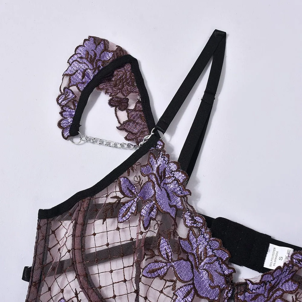 Love Me Collision Color Mesh Embroidery Bra Interwoven Three-piece Set