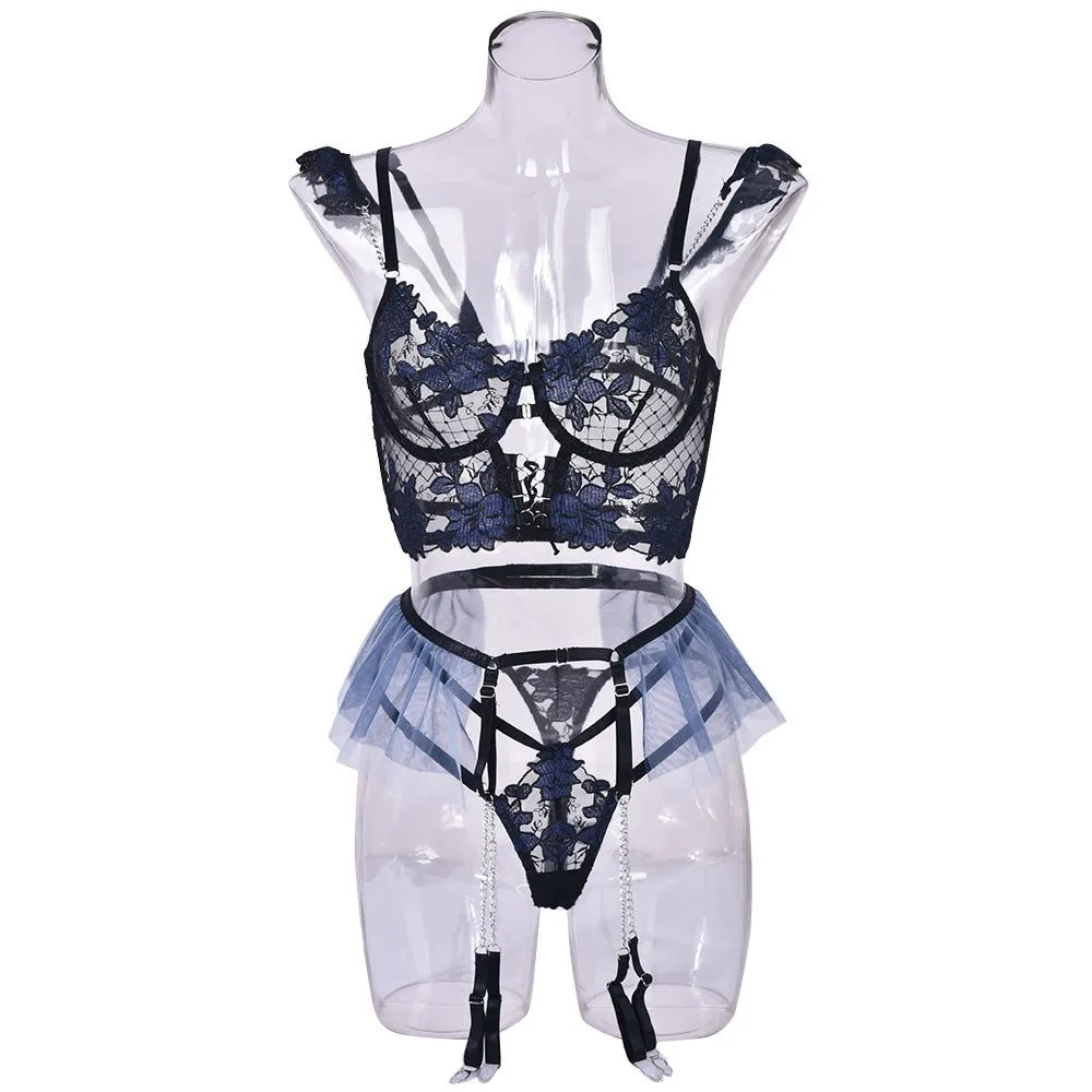 Love Me Collision Color Mesh Embroidery Bra Interwoven Three-piece Set