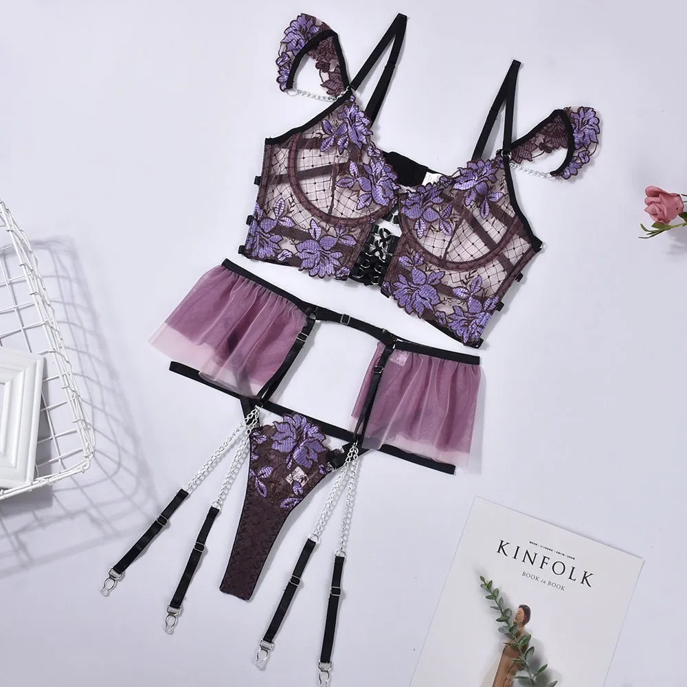 Love Me Collision Color Mesh Embroidery Bra Interwoven Three-piece Set