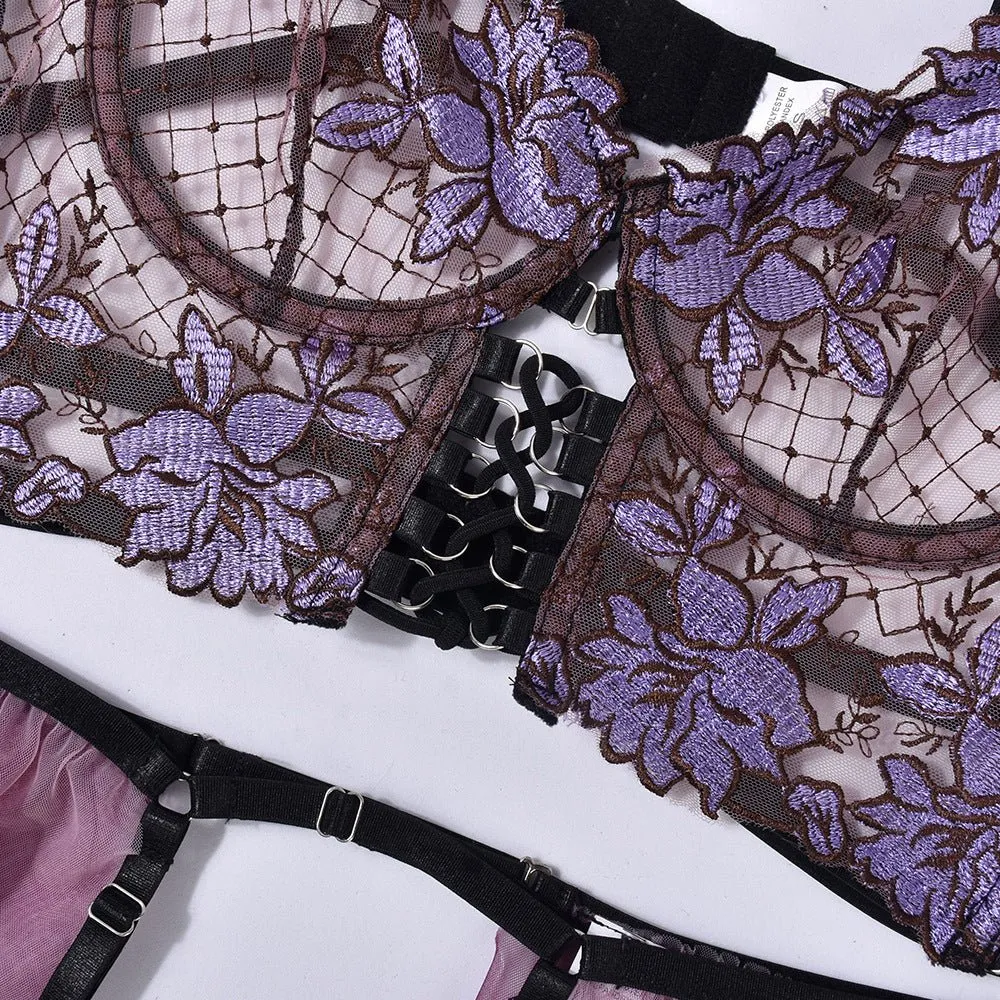 Love Me Collision Color Mesh Embroidery Bra Interwoven Three-piece Set