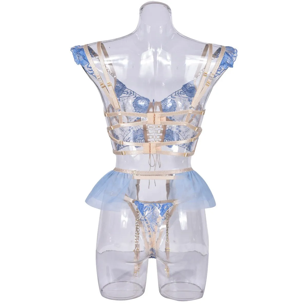 Love Me Collision Color Mesh Embroidery Bra Interwoven Three-piece Set