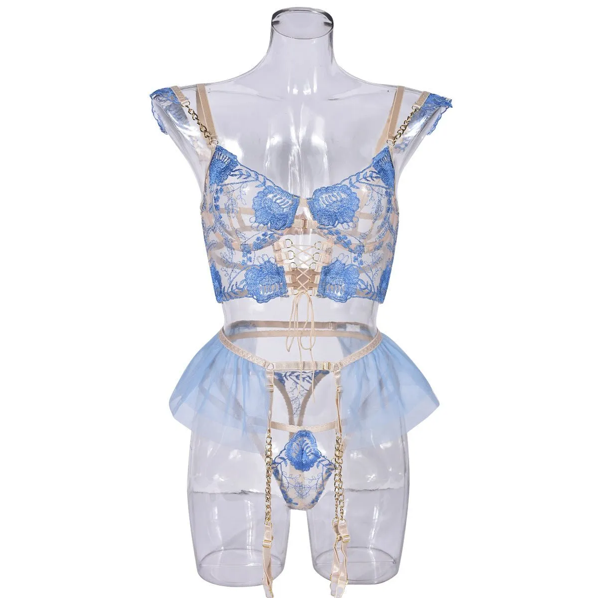 Love Me Collision Color Mesh Embroidery Bra Interwoven Three-piece Set