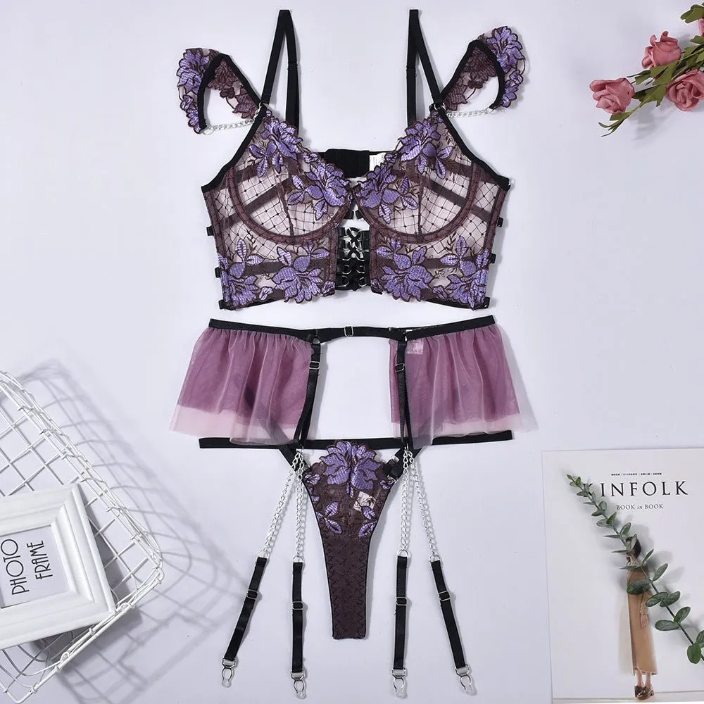 Love Me Collision Color Mesh Embroidery Bra Interwoven Three-piece Set