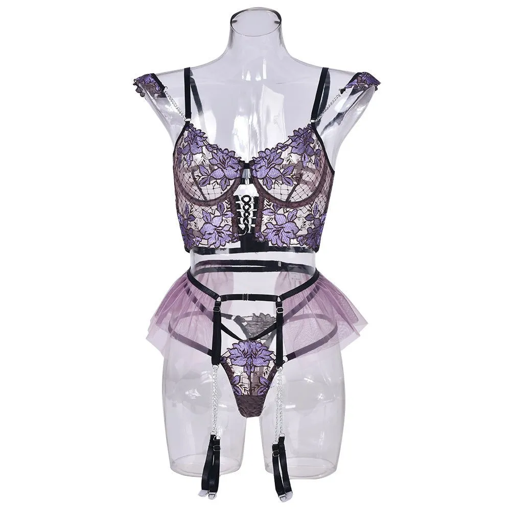 Love Me Collision Color Mesh Embroidery Bra Interwoven Three-piece Set