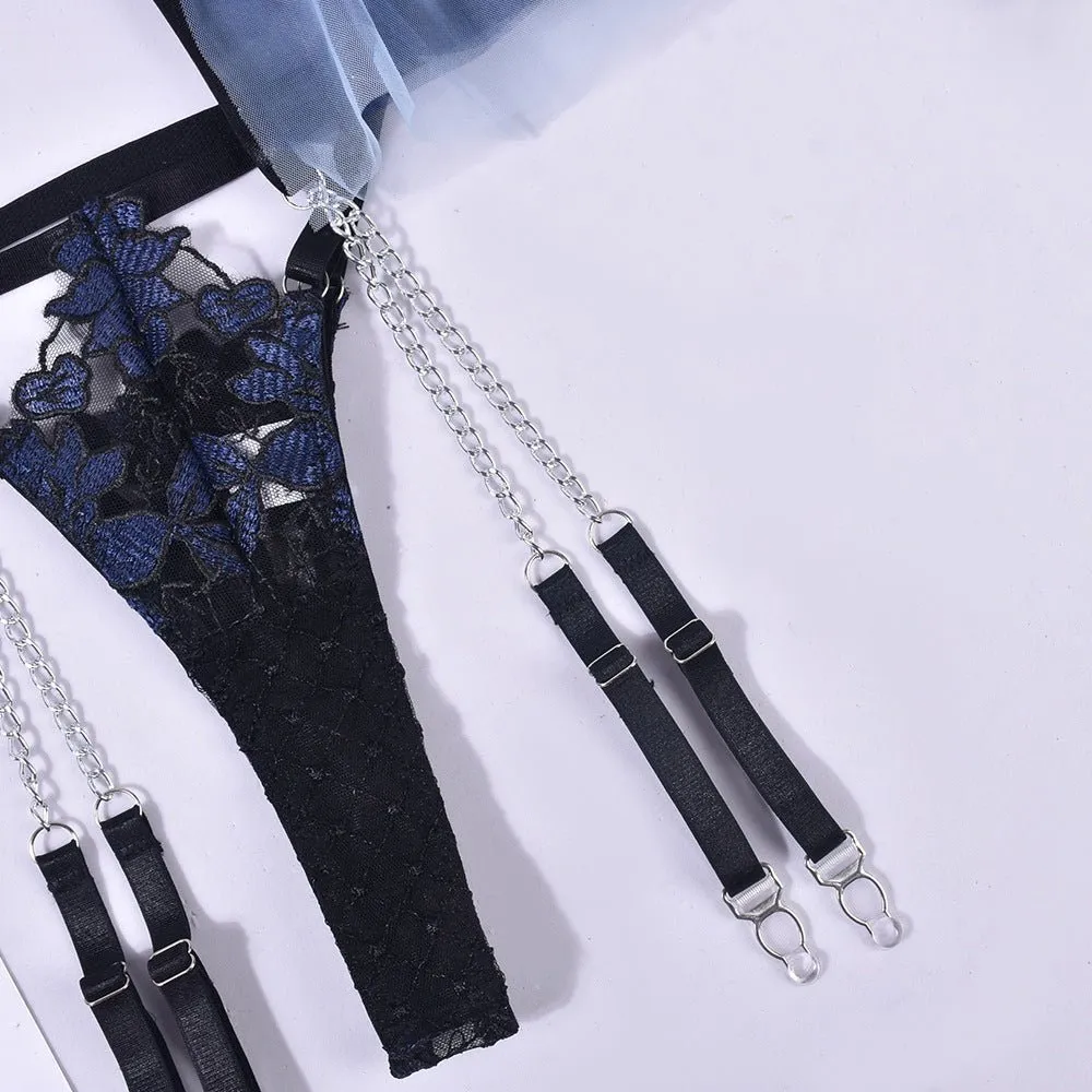 Love Me Collision Color Mesh Embroidery Bra Interwoven Three-piece Set