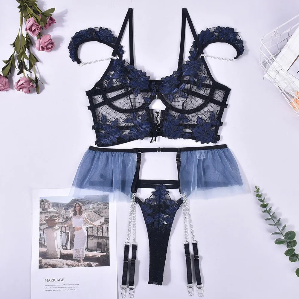 Love Me Collision Color Mesh Embroidery Bra Interwoven Three-piece Set