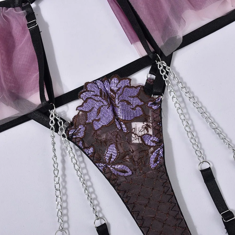 Love Me Collision Color Mesh Embroidery Bra Interwoven Three-piece Set