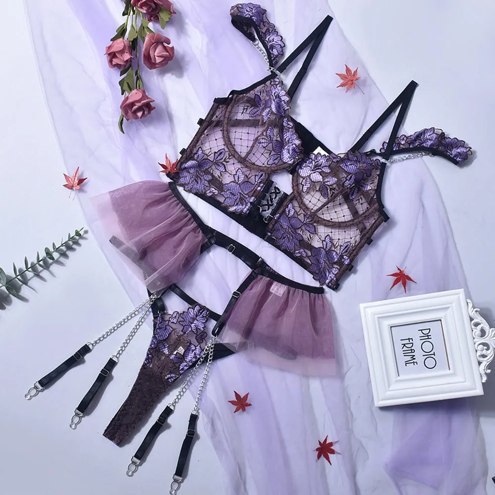 Love Me Collision Color Mesh Embroidery Bra Interwoven Three-piece Set