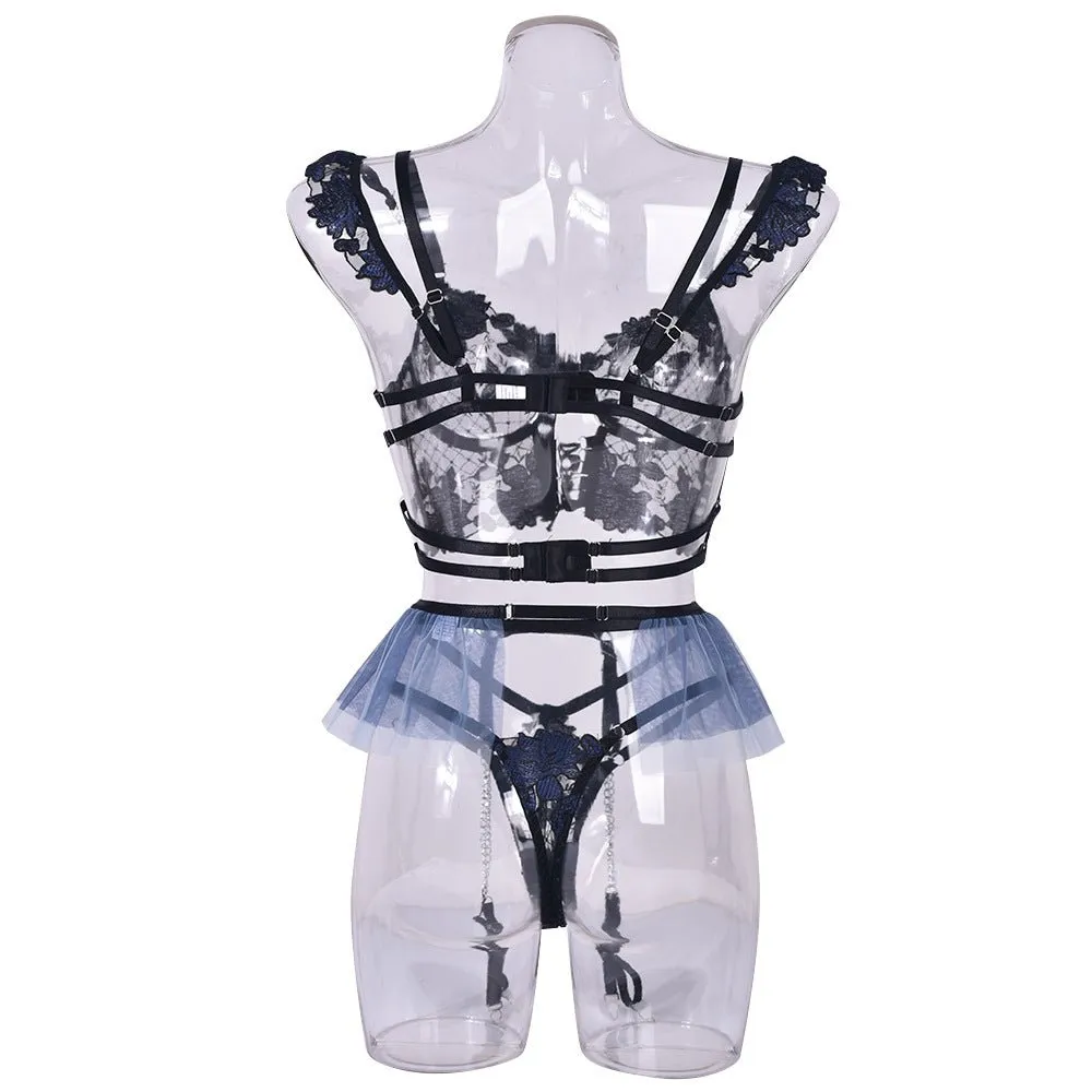 Love Me Collision Color Mesh Embroidery Bra Interwoven Three-piece Set