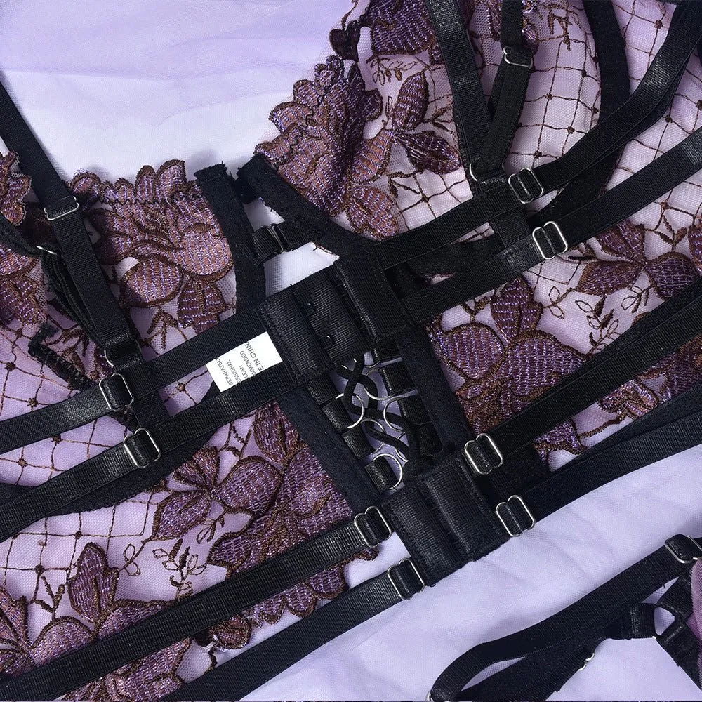Love Me Collision Color Mesh Embroidery Bra Interwoven Three-piece Set