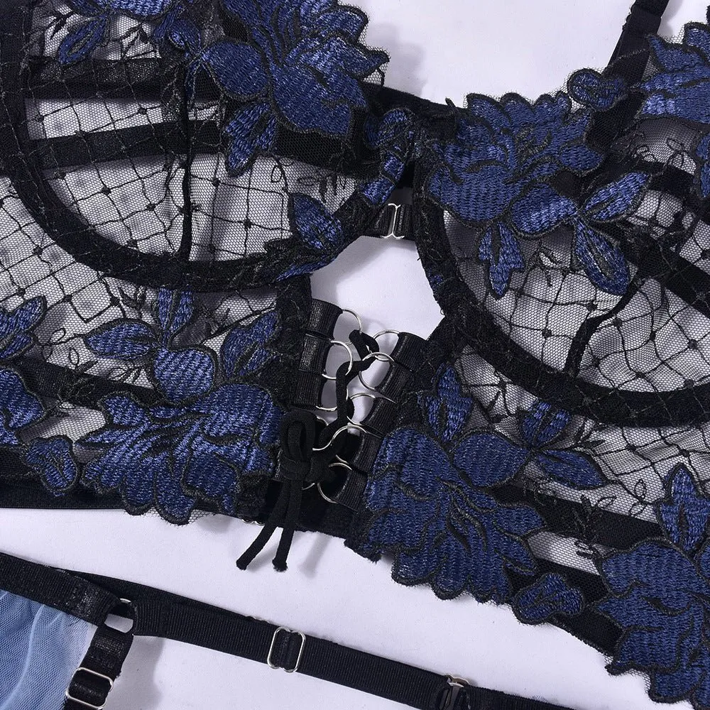 Love Me Collision Color Mesh Embroidery Bra Interwoven Three-piece Set