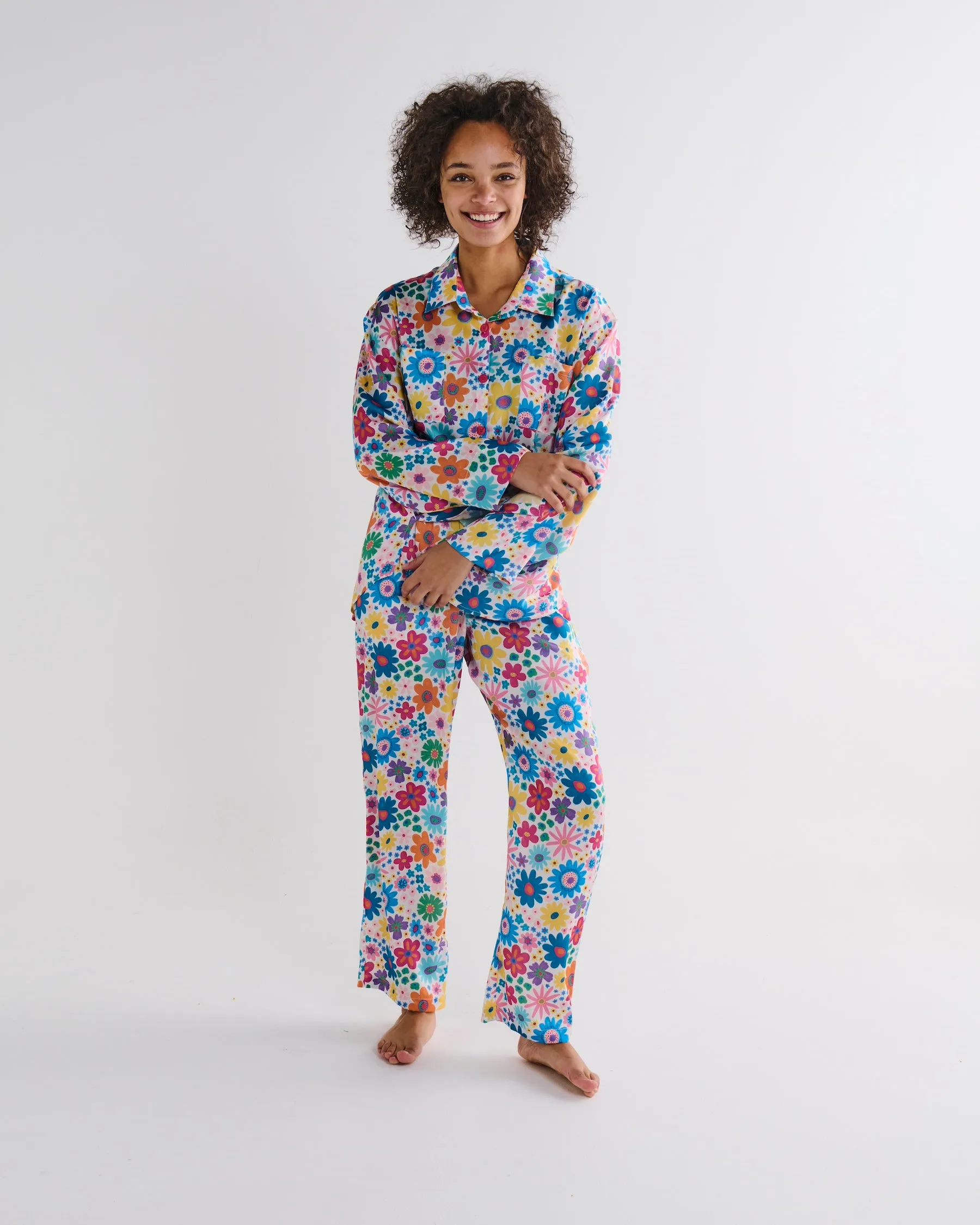 Rainbow Flowers Eco Satin Long Sleeve Shirt & Pant Pyjama Set