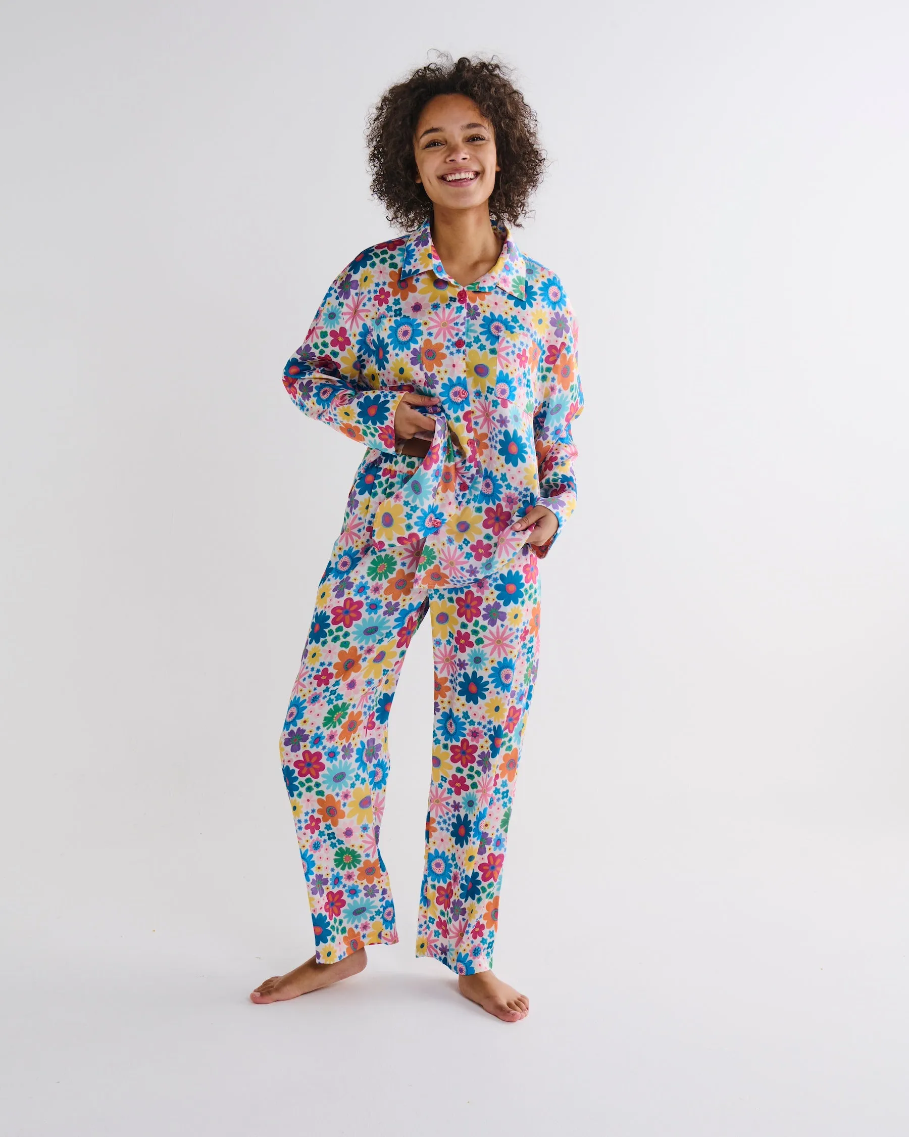 Rainbow Flowers Eco Satin Long Sleeve Shirt & Pant Pyjama Set