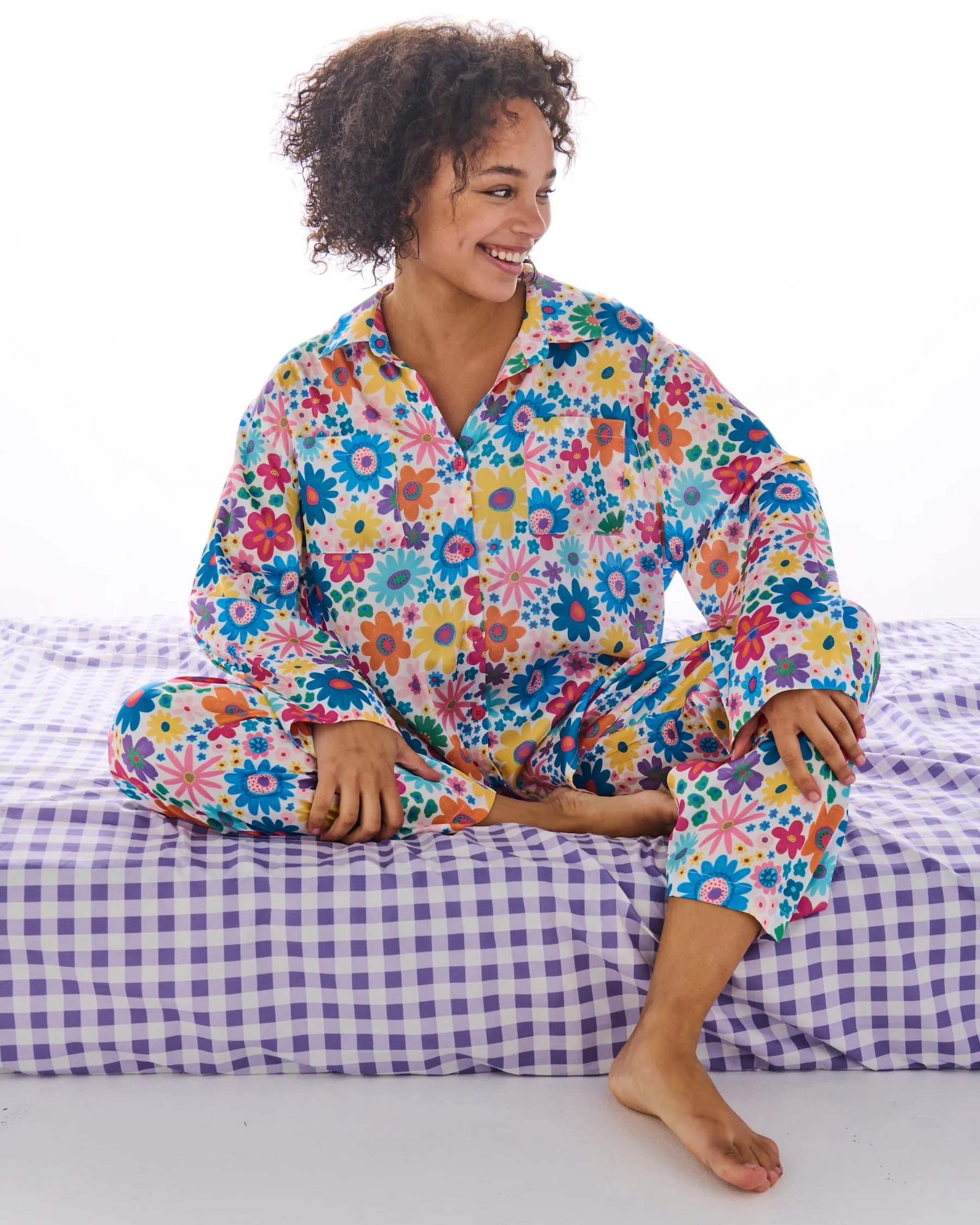 Rainbow Flowers Eco Satin Long Sleeve Shirt & Pant Pyjama Set