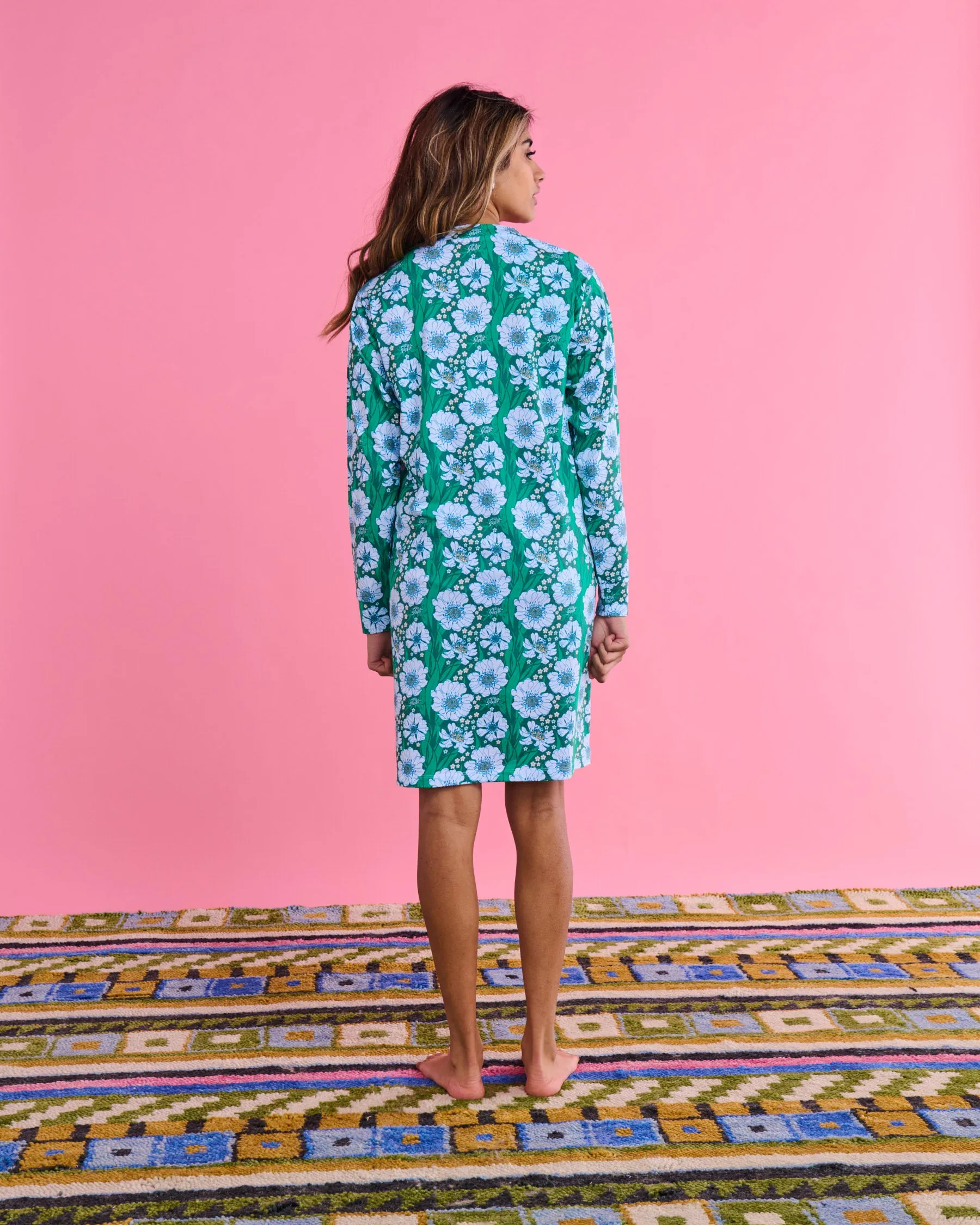 Tumbling Flowers Green Organic Cotton Long Sleeve Nightie